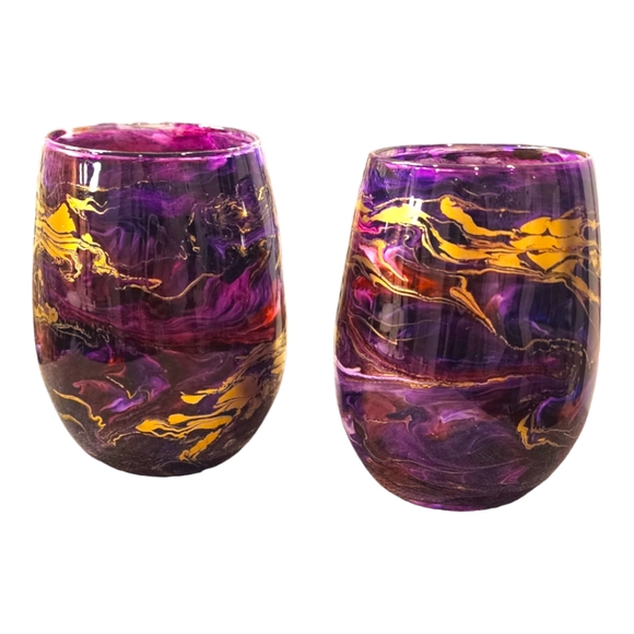 ((SOLD))Purple & Gold/ Stemless Wine Set - Picture 2 of 2